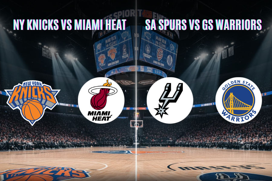 the official logos of miami heat and ny knicks and gs warriors and sa spurs nba teams